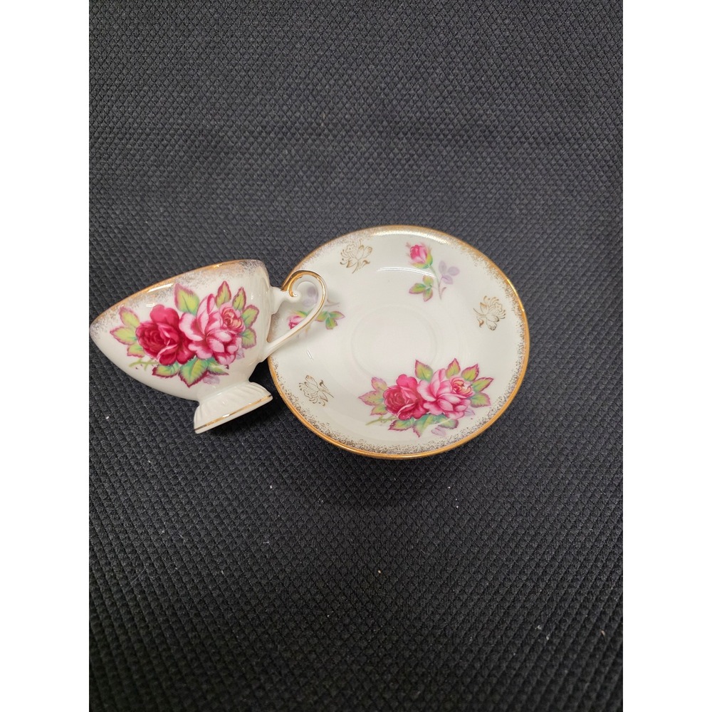 Lefton China Vintage Tea Cup and Saucer Set Hand Painted Pink Roses Gold Trim